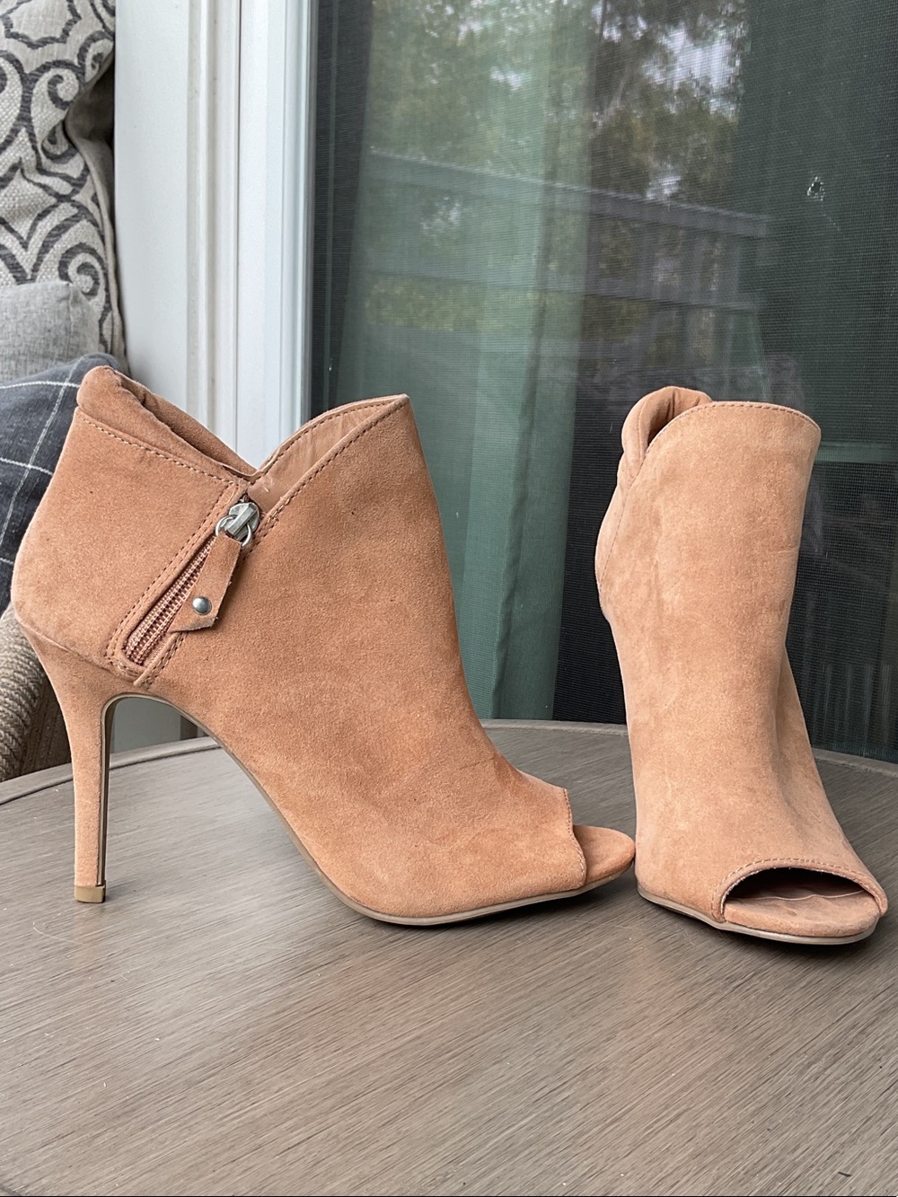 Charming Charlie Faux Suede Open-Toe Ankle Booties in Camel, Size 9